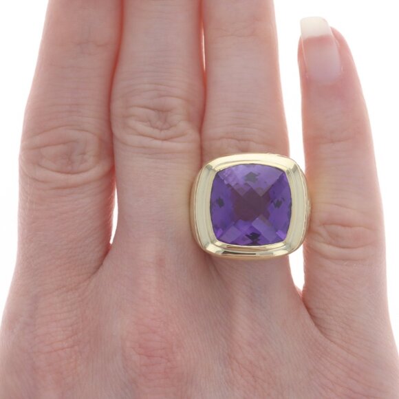 David Yurman Amethyst Cocktail Solitaire Ring - Yellow Gold 18k Square Cushion - Picture 2 of 6